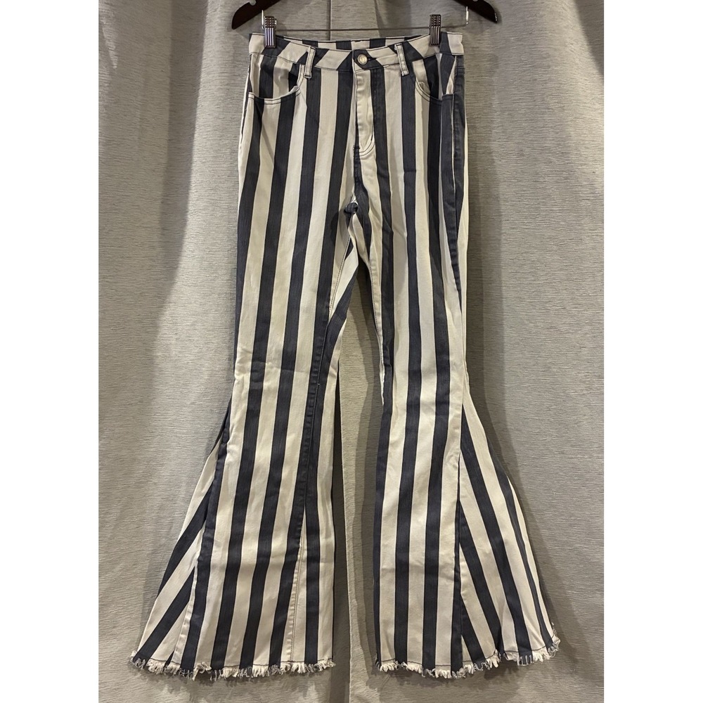Saints & Hearts Flare Jeans Womens L Blue White Striped High Rise Bell Bottom